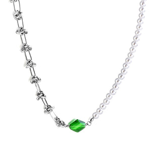Stainless Steel Rhombus Green Diamond+Half White Pearls Necklace