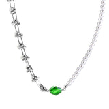 Stainless Steel Rhombus Green Diamond+Half White Pearls Necklace