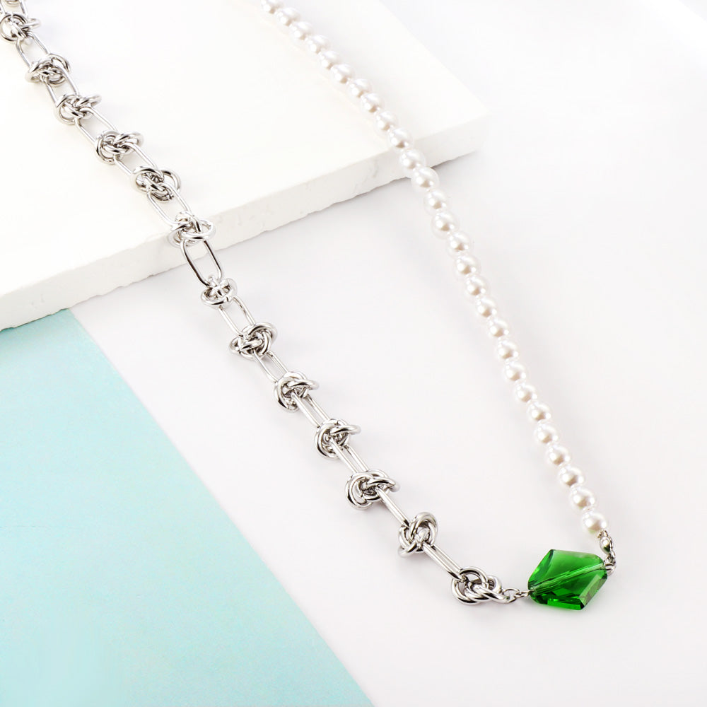 Stainless Steel Rhombus Green Diamond+Half White Pearls Necklace asonjewelry