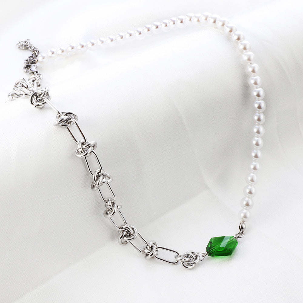 Stainless Steel Rhombus Green Diamond+Half White Pearls Necklace asonjewelry