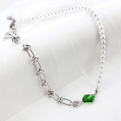 Stainless Steel Rhombus Green Diamond+Half White Pearls Necklace asonjewelry
