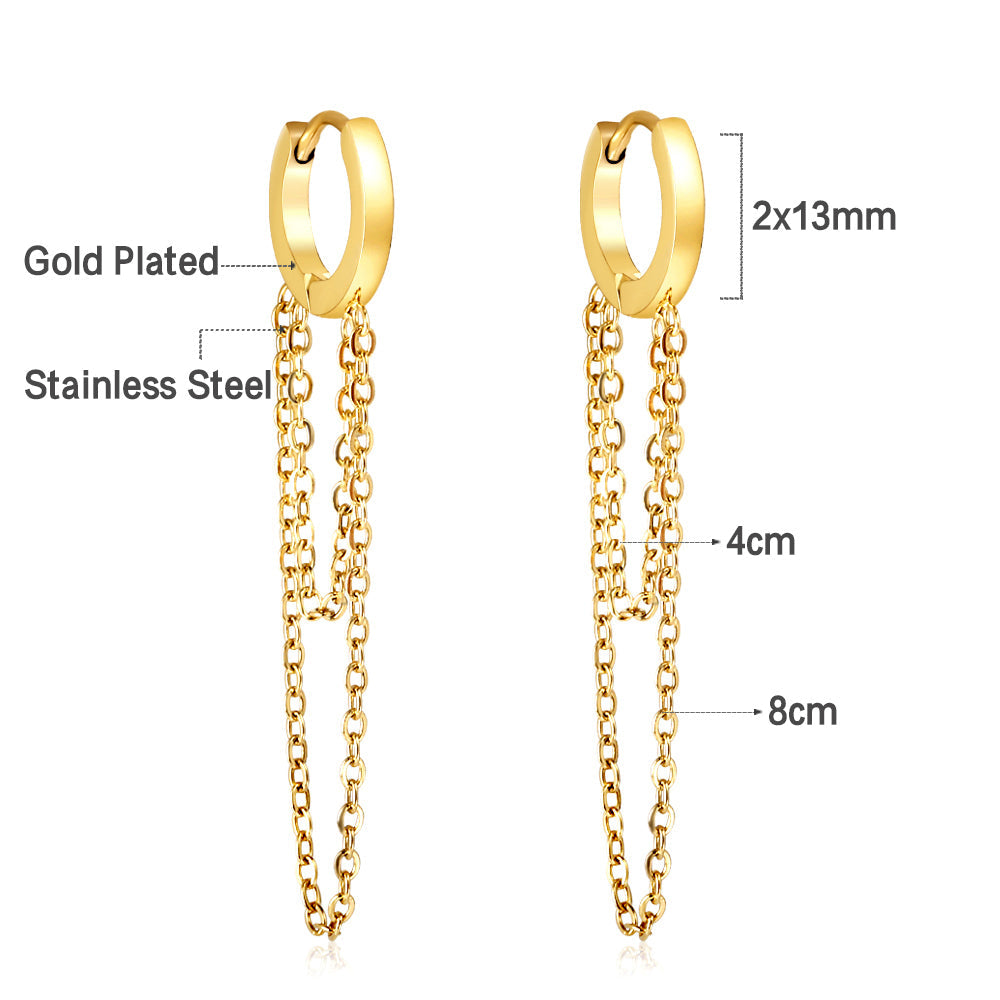 Stainless Steel Circle With Double Chain Earrings For Women asonjewelry