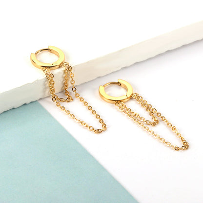 Stainless Steel Circle With Double Chain Earrings For Women asonjewelry