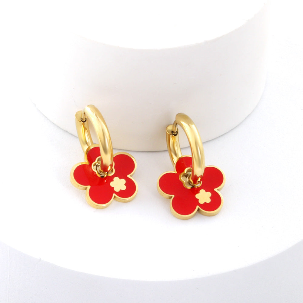 New 2.5x15mm Circle With Red Plum Blossom Earrings asonjewelry