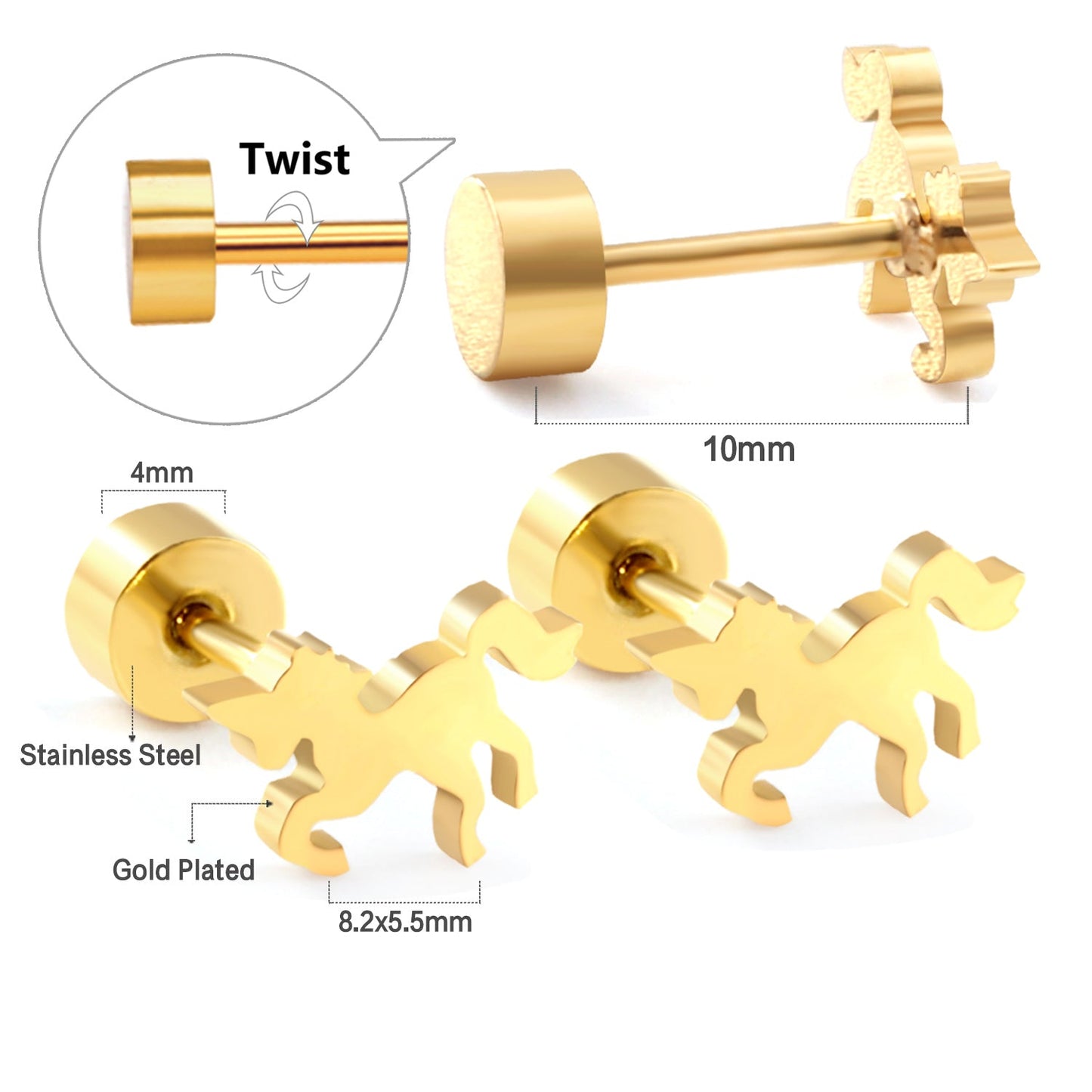 2023 New Fashion Children's Screw Plug Horse-shaped Stud Earrings asonjewelry