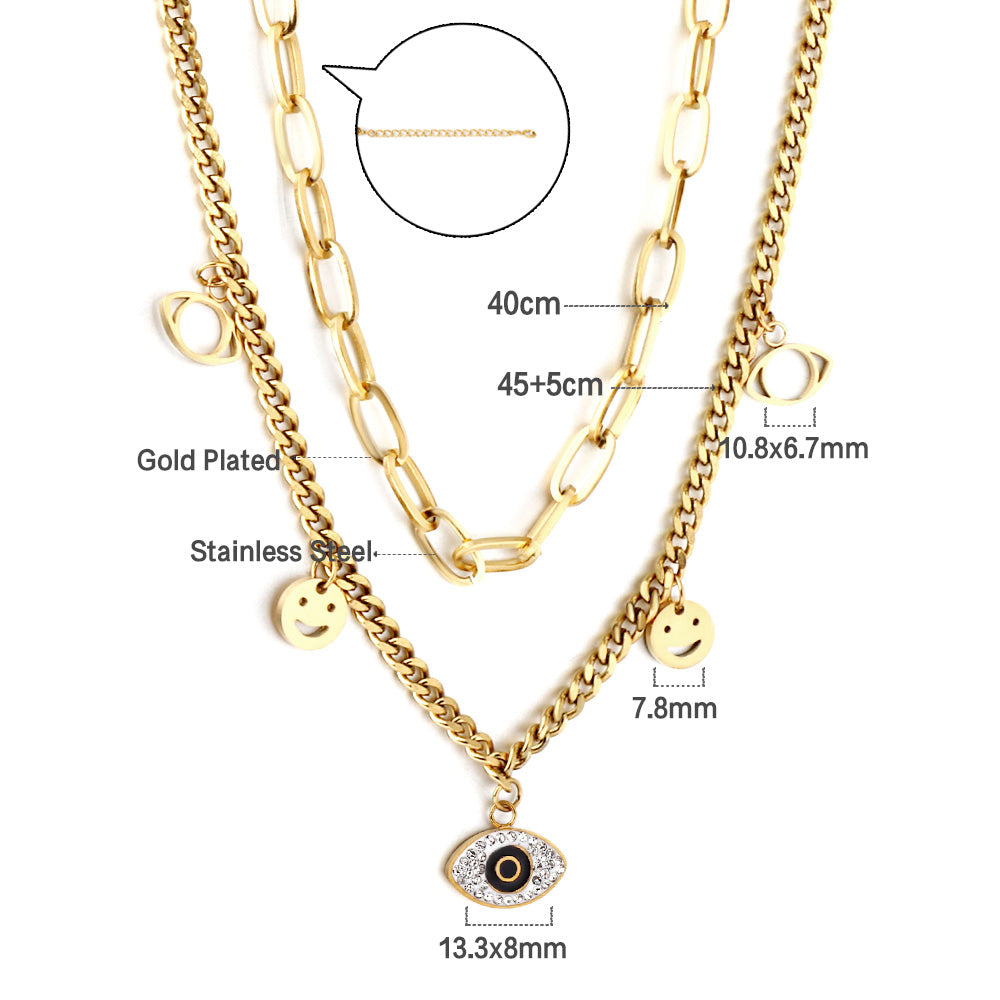 2 Smiley Faces + 2 Hollow Eyes + 1 Eye With Mixed Color Diamond Accessories Double Chain Necklace asonjewelry