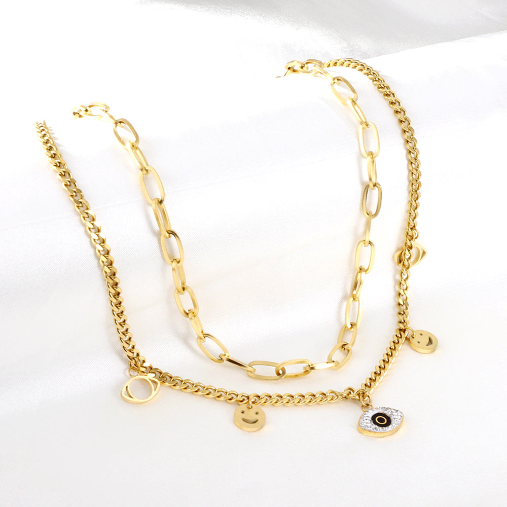 2 Smiley Faces + 2 Hollow Eyes + 1 Eye With Mixed Color Diamond Accessories Double Chain Necklace asonjewelry