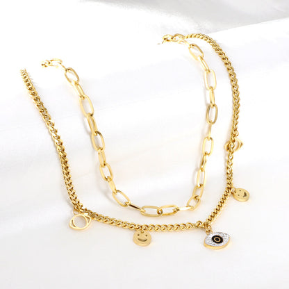 2 Smiley Faces + 2 Hollow Eyes + 1 Eye With Mixed Color Diamond Accessories Double Chain Necklace asonjewelry