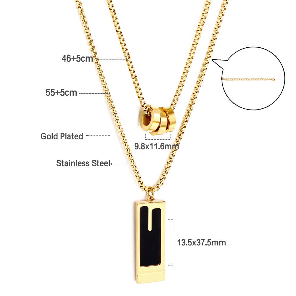 Three Round Hollow Pendants + Rectangular With Black Drop Oil Double Chain Necklace asonjewelry