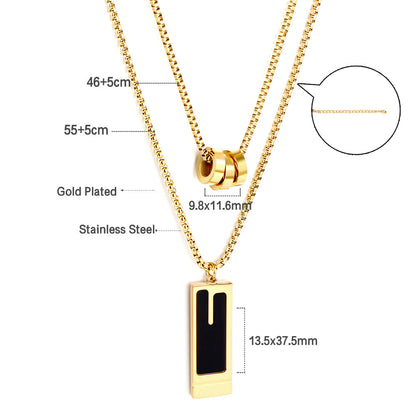 Three Round Hollow Pendants + Rectangular With Black Drop Oil Double Chain Necklace asonjewelry