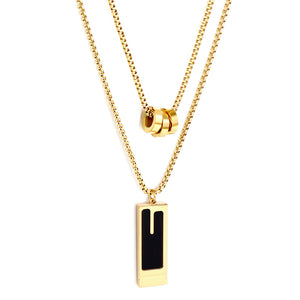 Three Round Hollow Pendants + Rectangular With Black Drop Oil Double Chain Necklace
