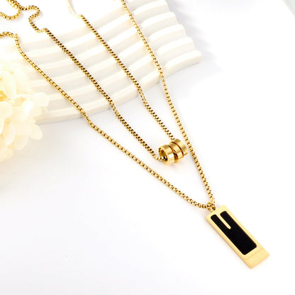 Three Round Hollow Pendants + Rectangular With Black Drop Oil Double Chain Necklace asonjewelry