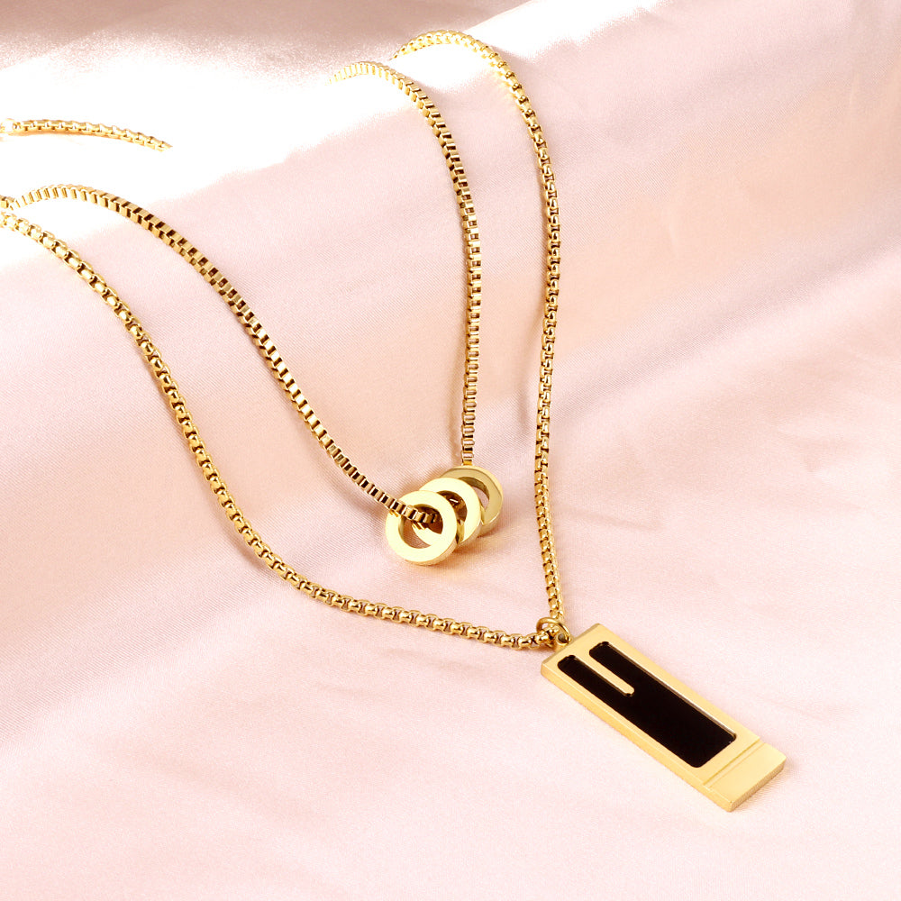 Three Round Hollow Pendants + Rectangular With Black Drop Oil Double Chain Necklace asonjewelry