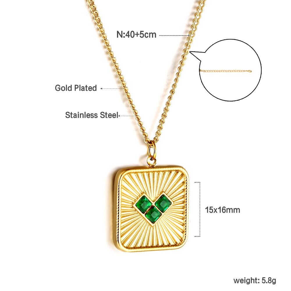 Square plaque set with green/white heart-shaped zirconia asonjewelry