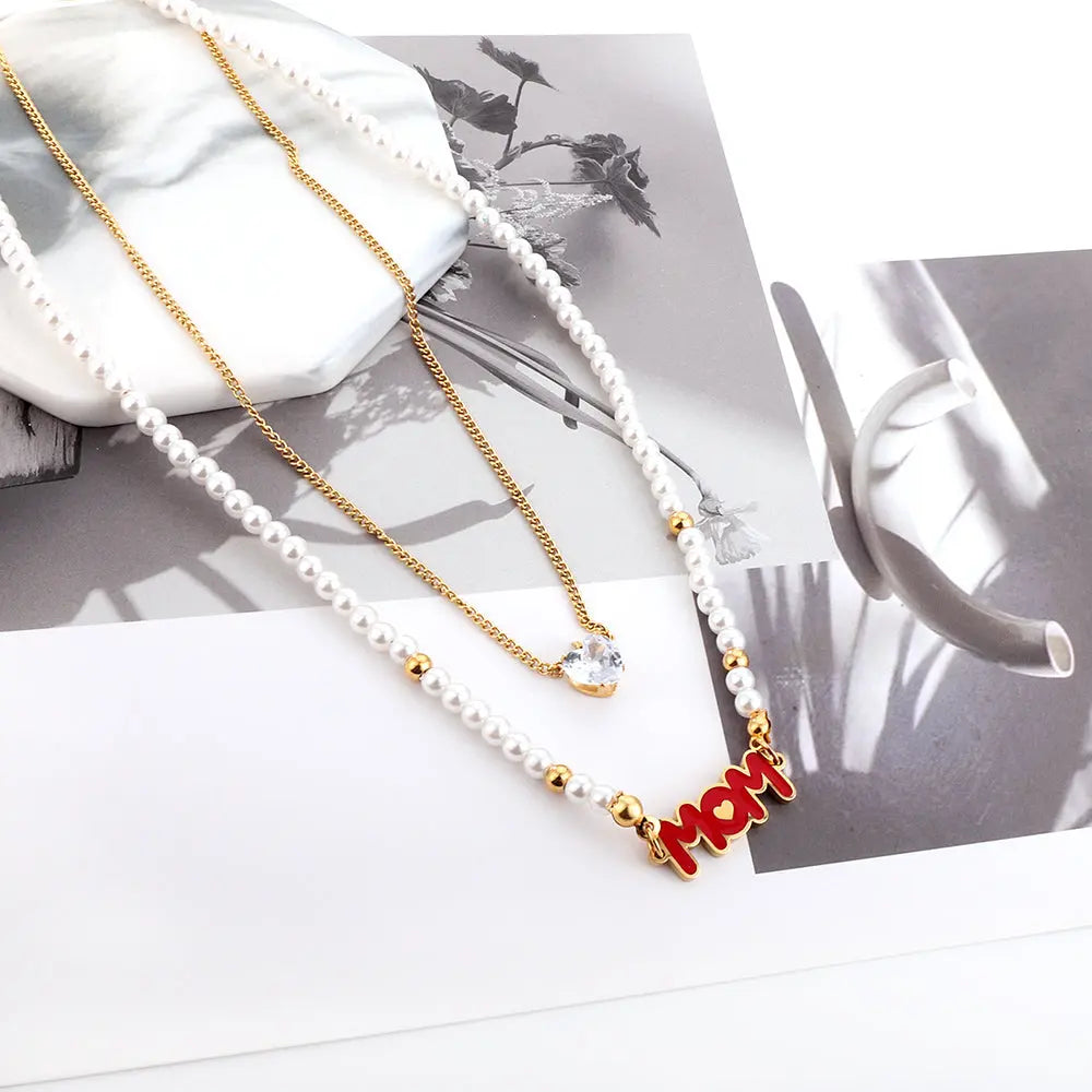 White Pearl Chain MOM Red Letter Accessories + White Heart Diamond Double Chain Necklace asonjewelry