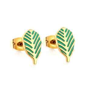 Stainless Steel 18K Gold Plated Leaf Green Cut Stud Earrings