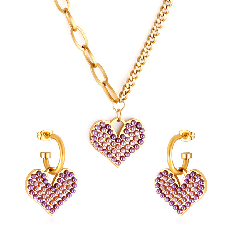 Purple Mix White Pearl Heart-shaped Jewelry Set