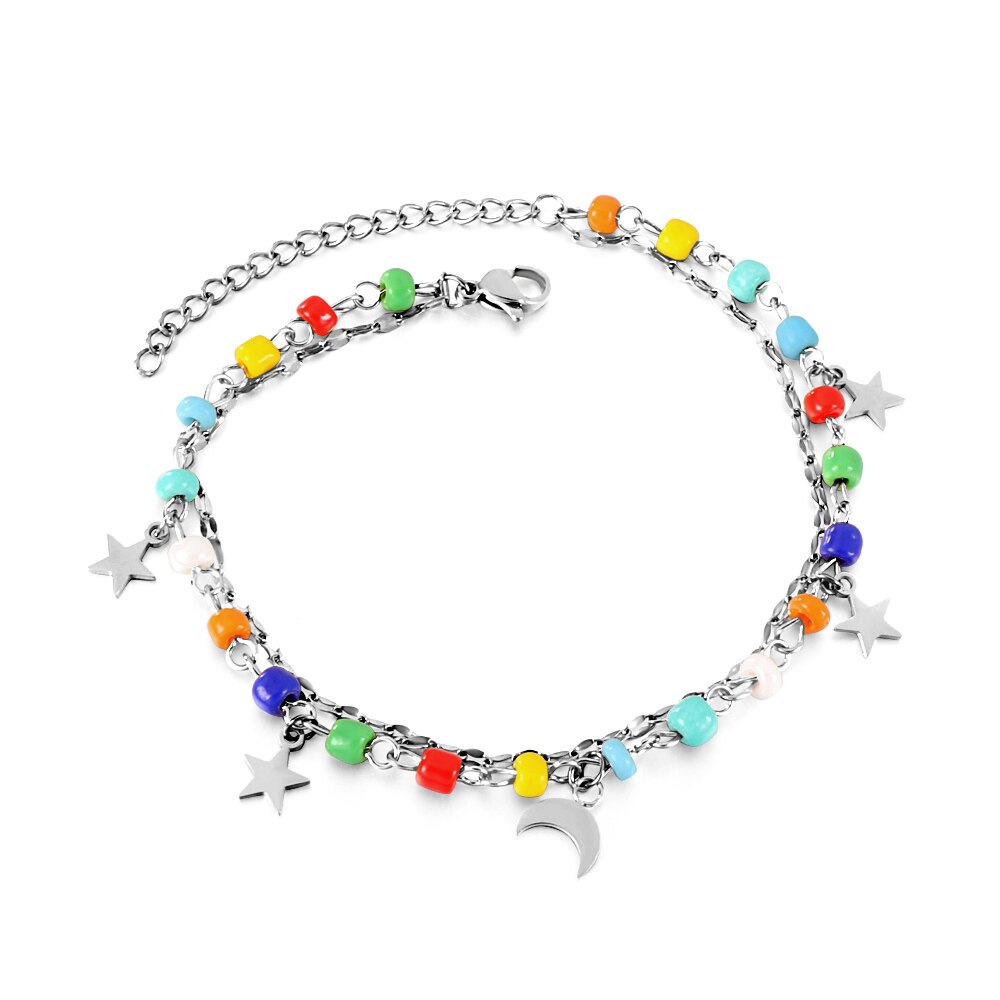 ASON Trendy Mixed Color Beads Moon And Star Accessories Multi-layer Chains Anklet Gold Color Stainless Steel For Women Gift asonjewelry