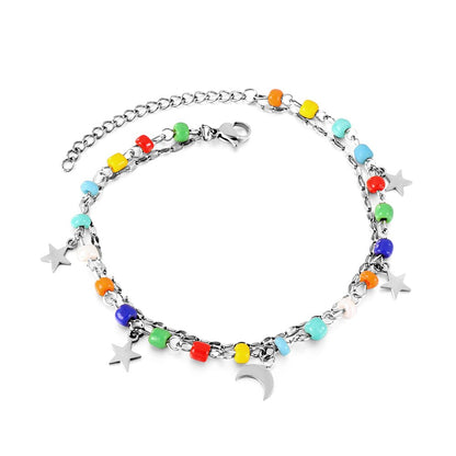 ASON Trendy Mixed Color Beads Moon And Star Accessories Multi-layer Chains Anklet Gold Color Stainless Steel For Women Gift asonjewelry