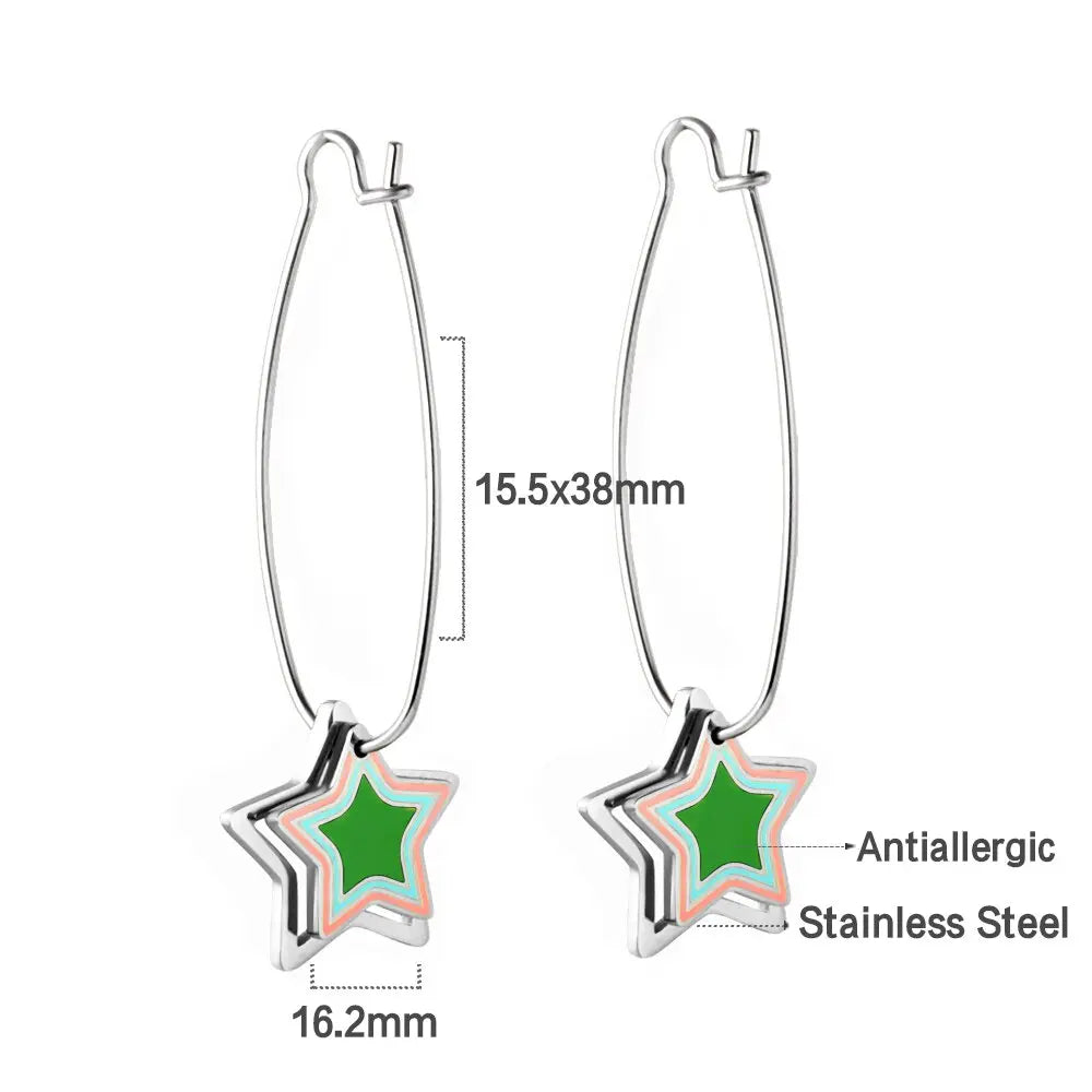 Korean Thin Hoop Earrings For Women Oval Hoops with Colorful Star Heart Charm Stainless Steel Jewelry Accessories asonjewelry