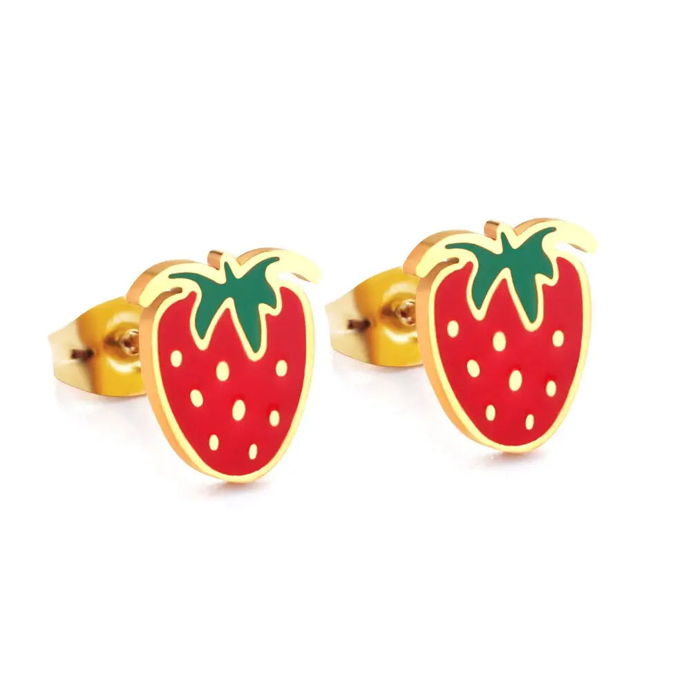 Small Earrings 2022 Stainless Steel Gold Color Push Back Strawberry Stud Earring Fashion Jewelry Party Baby Accessorie asonjewelry