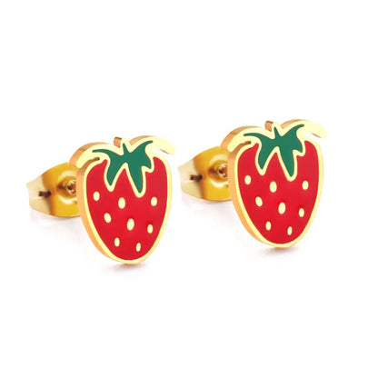 Small Earrings 2022 Stainless Steel Gold Color Push Back Strawberry Stud Earring Fashion Jewelry Party Baby Accessorie asonjewelry