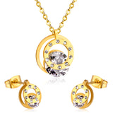 Cubic Zirconia Round Double Necklace Earrings Jewelry Sets For Women Girl bijoux Stainless Steel Wholesale Wedding