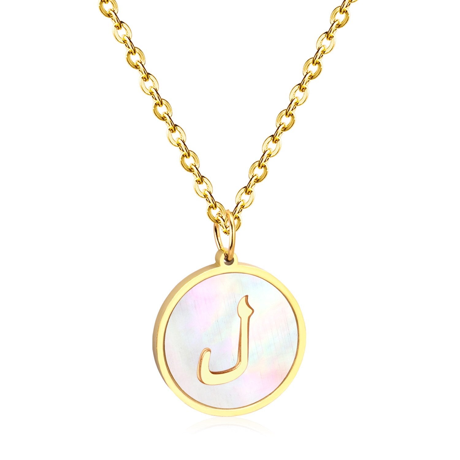 ASON White Shell Gold Color Initial Letter Fashion Pendant Necklace Stainless Steel Alphabet Link Chain for Gift asonjewelry
