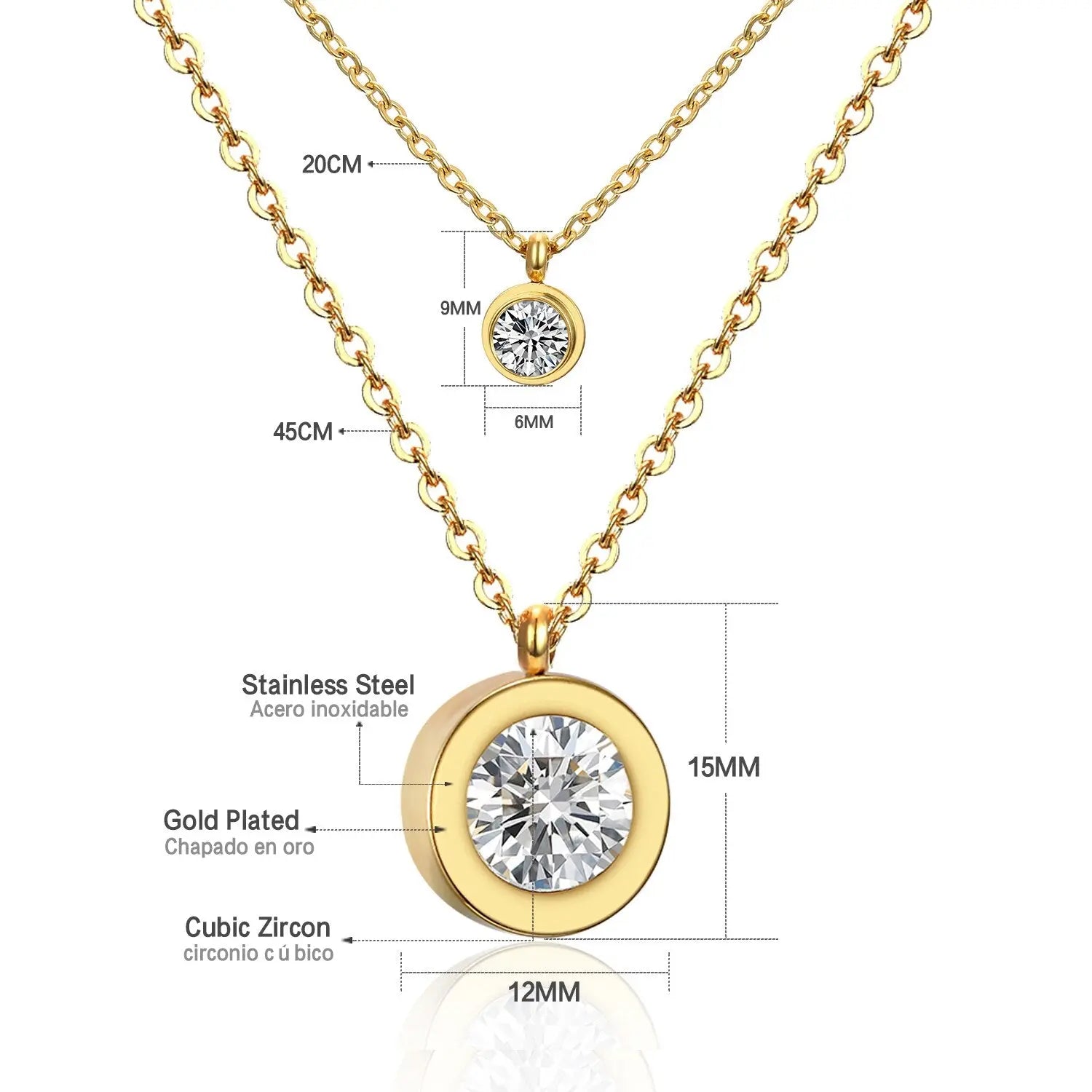 Double Layer Chain Pendants Necklaces For Women Girls Gold Color Silver Tone Stainless Steel CZ Crystal Round Choker asonjewelry