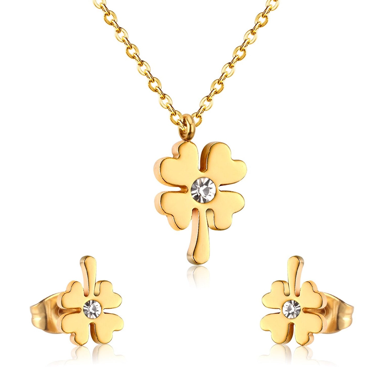ASON Flower Cubic Zirconia Chain Pendant Necklace Piercing Stud Earrings Jewelry Sets Gold Color Stainless Steel For Women asonjewelry