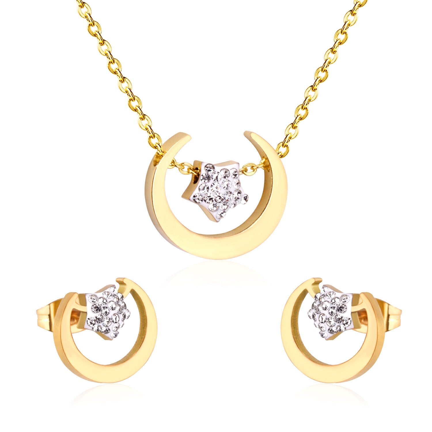 ASON Bohemian Jewelry Sets Accessory Stainless Steel Gold Color Moon Star Pendant Necklace Piercing Stud Earrings For Women asonjewelry