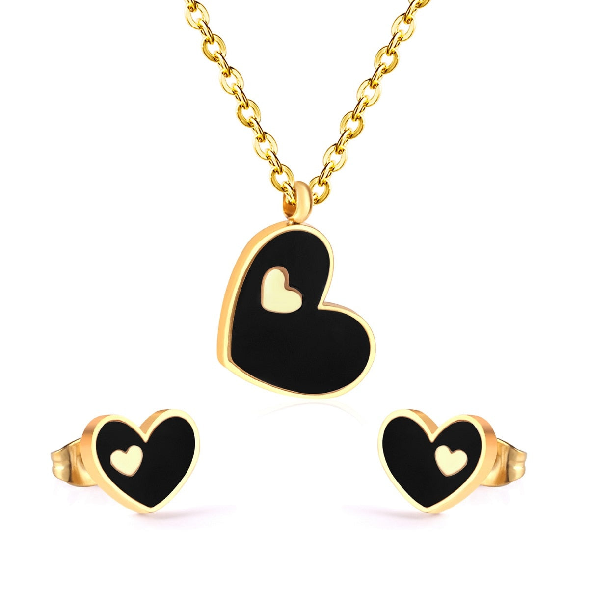 ASON Heart White/Black Shell Pendant Necklace Stud Earring Jewelry Sets Stainless Steel Gold Color Party Accessories Gift asonjewelry