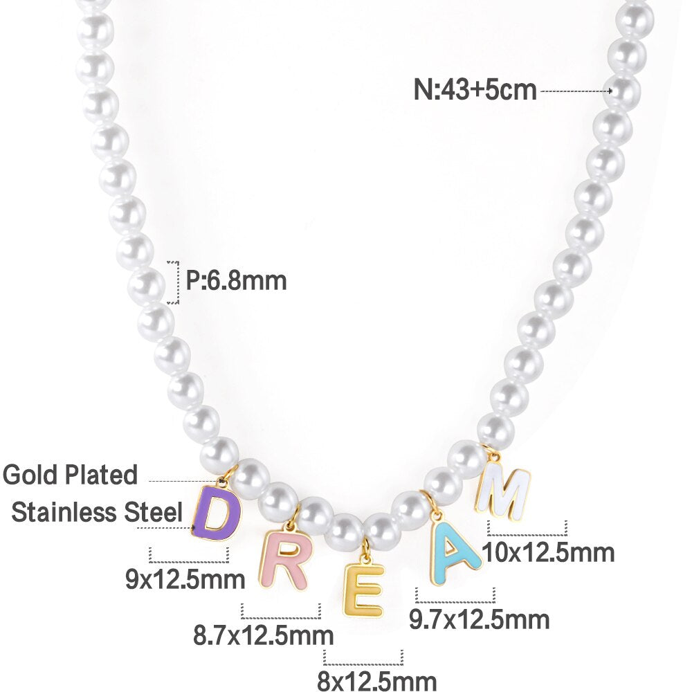 ASON Cute Imitation Pearl Necklace with STAR DREAM Letter Pendant Chains for Women Stainless Steel Jewelry Party Gift asonjewelry