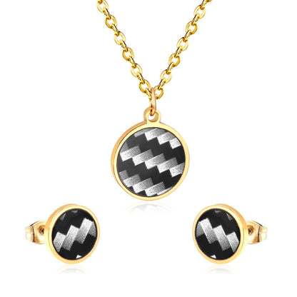 ASON Round  Wedding Shell Carbon Fiber Jewelry Sets Pendant Necklace & Small Stud Earrings 316L Stainless Steel for Women asonjewelry