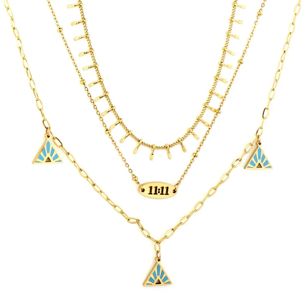 Blue Triangle Charms Collier Brand Design Three-Layered Necklaces Gold Plated Link Chain Choker Romantic Y2K Collar asonjewelry