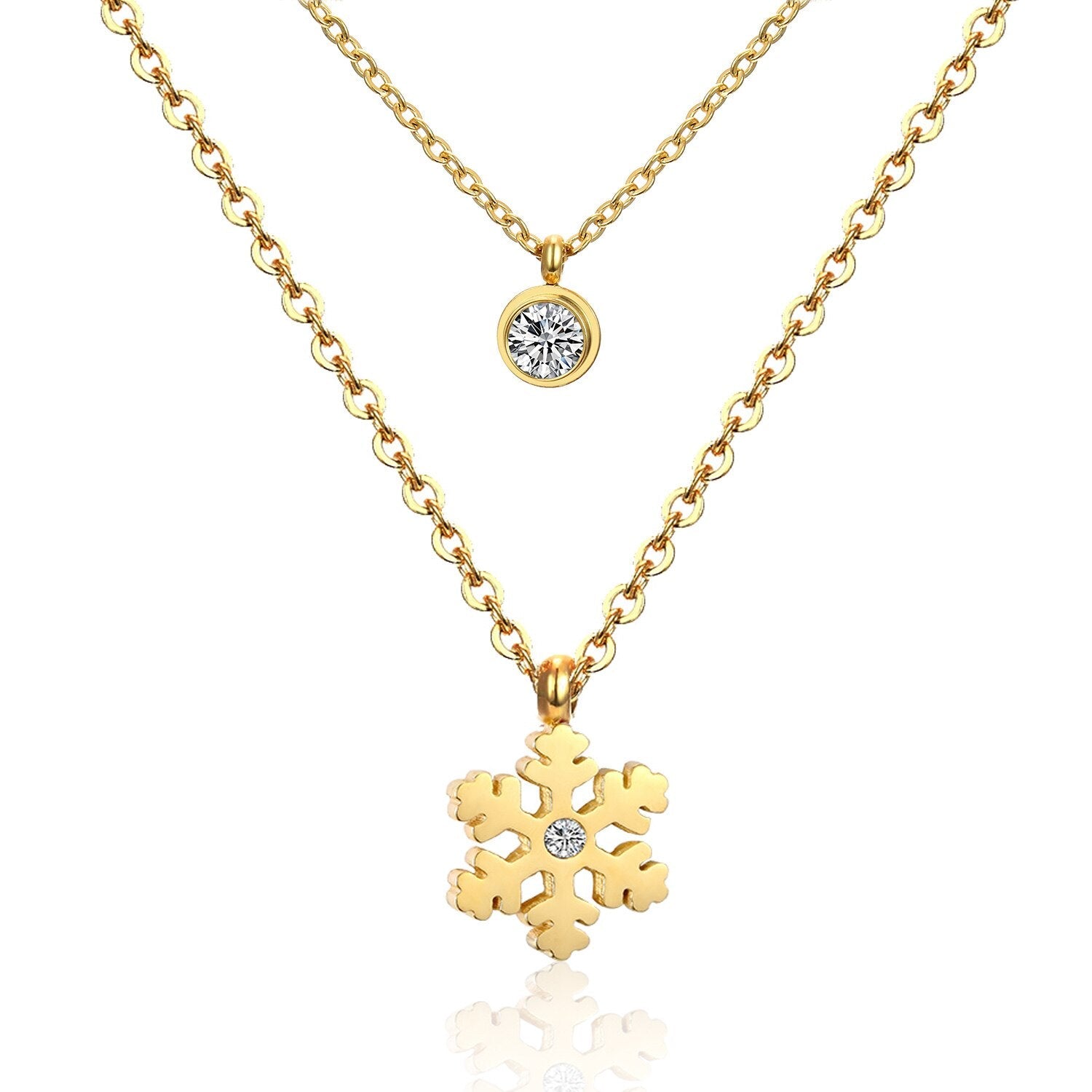 ASON Snowflake Round Cubic Zirconia Pandents Double Chains Necklaces Gold Color Stainless Steel For Women Chokers Christmas asonjewelry