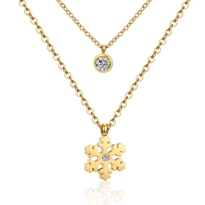ASON Snowflake Round Cubic Zirconia Pandents Double Chains Necklaces Gold Color Stainless Steel For Women Chokers Christmas asonjewelry