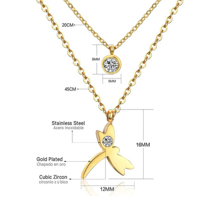 Double Layer Chain Pendants Necklaces For Women Girls Gold Color Silver Tone Stainless Steel CZ Crystal Round Choker asonjewelry