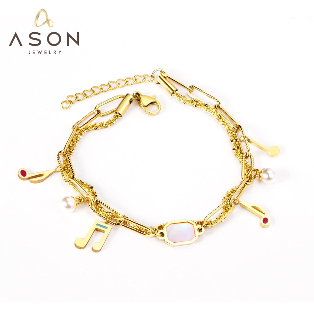 ASON Unusual 316L Stainless Steel Charm Bracelet Gold Color Bangle with Extender 17+3cm Fashion Jewelry Accessories asonjewelry