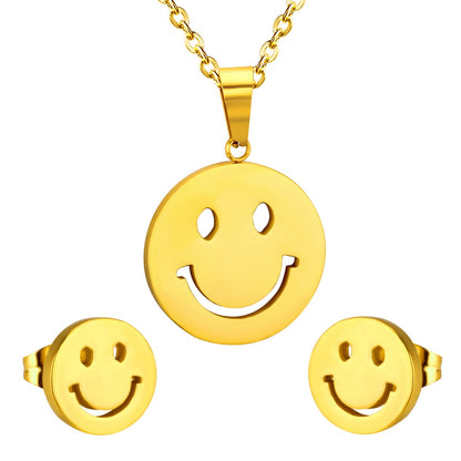 ASON Smile Face Jewelry Set Stainless Steel Pendant Necklace Small Piercing Stud Earrings Gold Color Fashion Party Gift asonjewelry