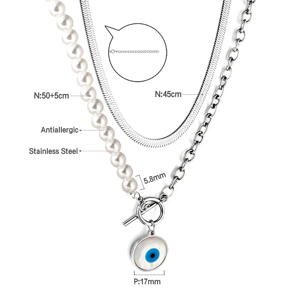 Fashion Shell Evil Eye Pendant Necklace Snake Pearl Double Chain For Women Stainless Steel Turkish Wedding Party Gifts asonjewelry