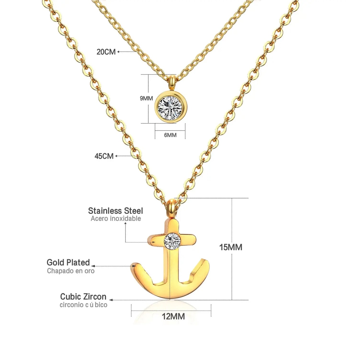 Double Layer Chain Pendants Necklaces For Women Girls Gold Color Silver Tone Stainless Steel CZ Crystal Round Choker asonjewelry