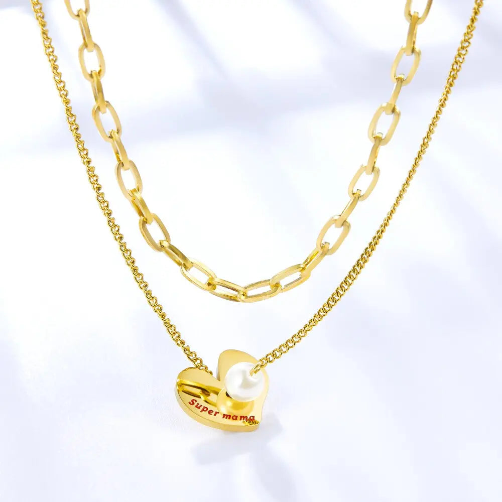 Stainless Steel Heart Imitation Pearl Pendant Necklace Collars Trendy Gold Color Double Chains Necklace Wedding asonjewelry