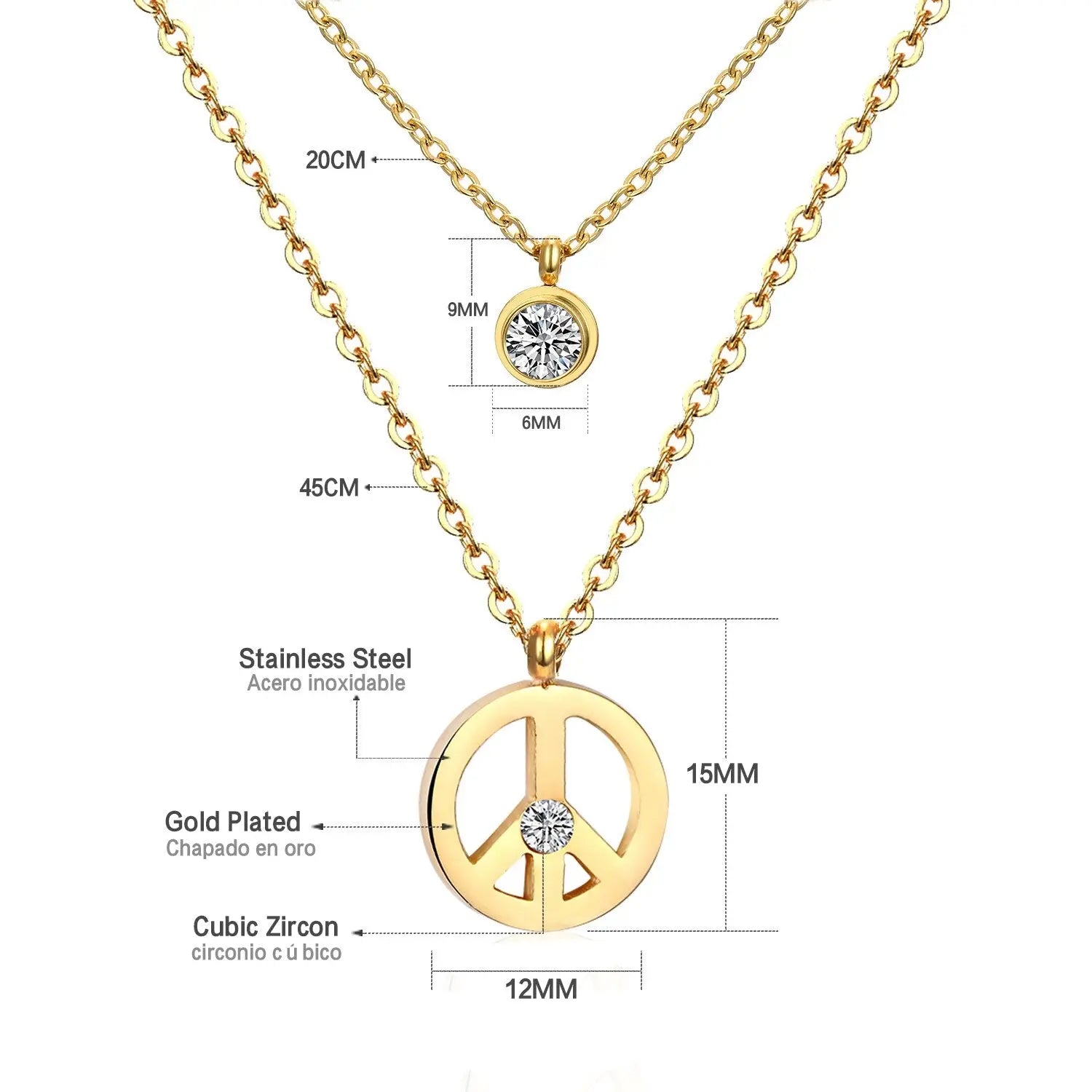 Double Layer Chain Pendants Necklaces For Women Girls Gold Color Silver Tone Stainless Steel CZ Crystal Round Choker asonjewelry