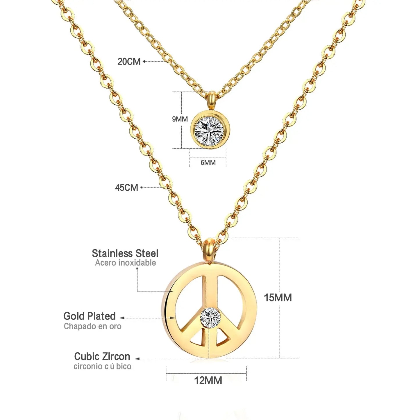 Double Layer Chain Pendants Necklaces For Women Girls Gold Color Silver Tone Stainless Steel CZ Crystal Round Choker asonjewelry