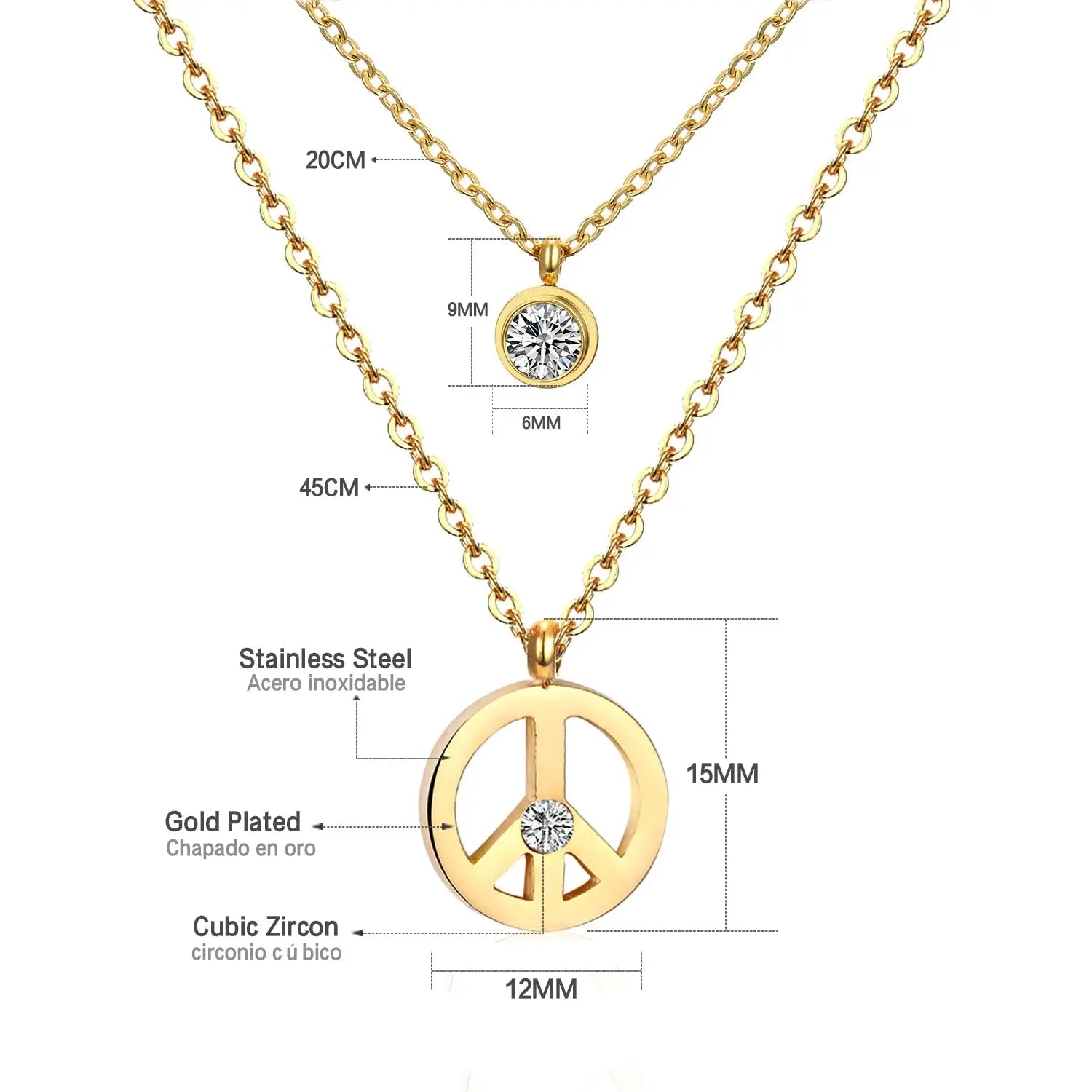 Double Layer Chain Pendants Necklaces For Women Girls Gold Color Silver Tone Stainless Steel CZ Crystal Round Choker asonjewelry