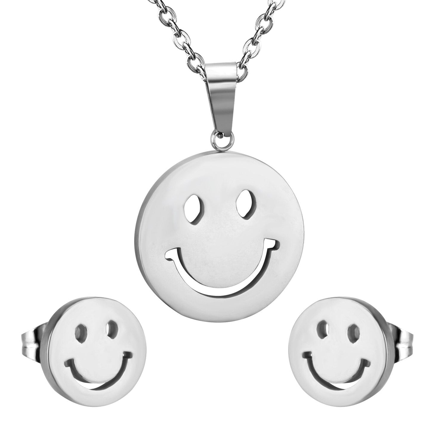ASON Smile Face Jewelry Set Stainless Steel Pendant Necklace Small Piercing Stud Earrings Gold Color Fashion Party Gift asonjewelry