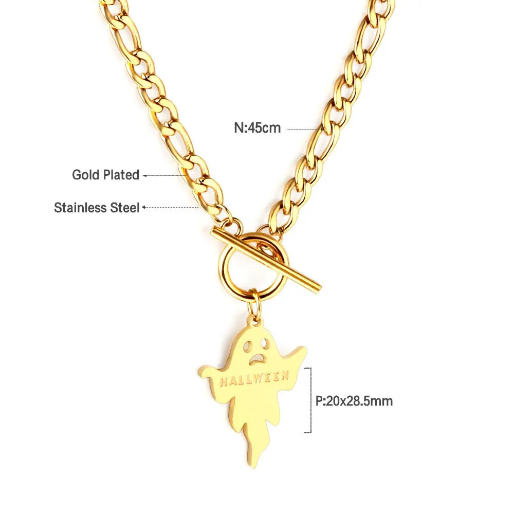 Stainless Steel Necklaces Couple Ghost Pendant Figaro Chain Halloween Punk Jewelry Gifts for Women Men 2022 New asonjewelry