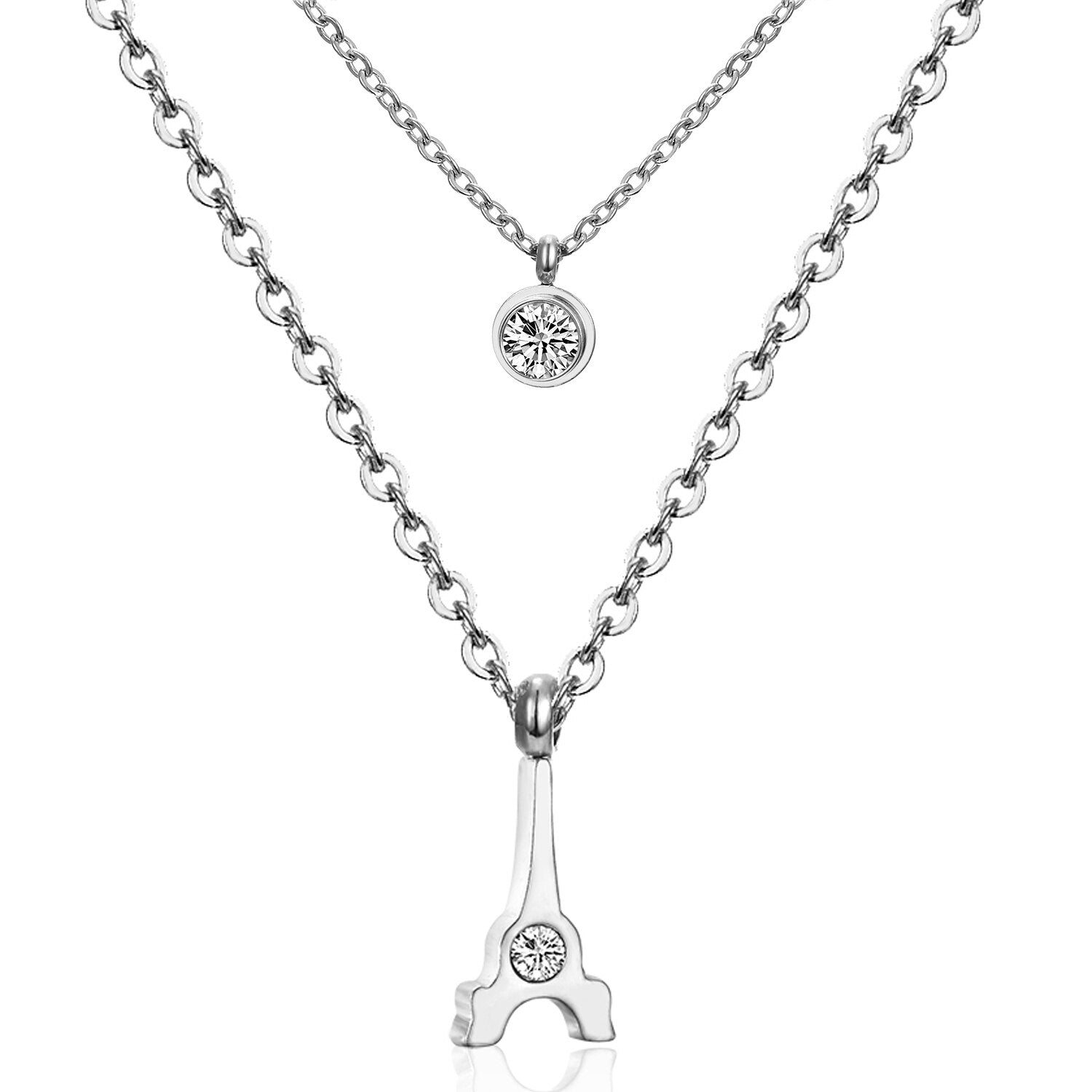 ASON Classic Jewelry Stainless Steel Eiffel Town Pendant Necklace with Round Cubic Zirconia for Women Double Link Chain asonjewelry