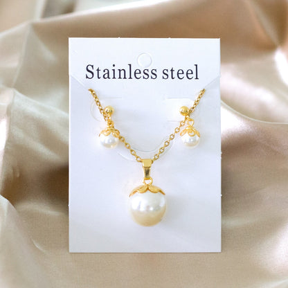 ASON Gold Color Bridal Wedding Jewelry Sets for Women 316L Stainless Steel Imitation Pearl Necklace Pendant Drop Earrings asonjewelry